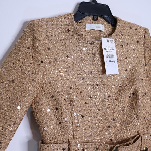 ZARA NWT Sequin Belt Blazer Camel Tweed Round Neck Long Sleeve Women's XS - Picture 5 of 13